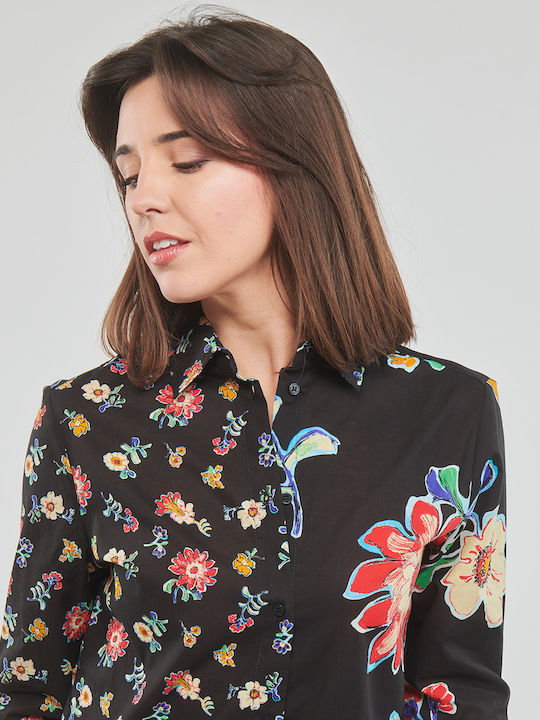 Langärmelig Damen Hemd Schwarz Blumen