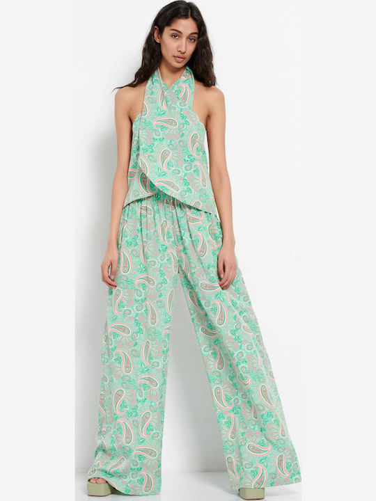 FBL007-11302 Women's High-waisted Fabric Trousers with Elastic in Wide Line Green Fig