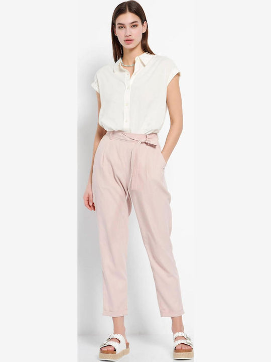 FBL007-10502 Damen Hoch tailliert Stoff Capri Hose mit Gummizug Light Pink