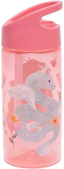 Petit Monkey Dragon Peony Kids Water Bottle Dragon Plastic with Straw Pink 380ml