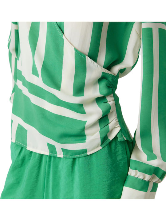 Women's Summer Blouse Long Sleeve with V Neckline Striped Green