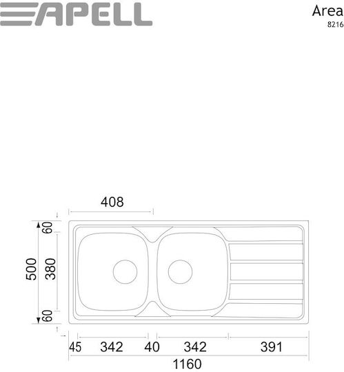 Apell Area 8216 8216-110 Drop-In Мивка Inox Сатен Ш116xД50см Сребрист
