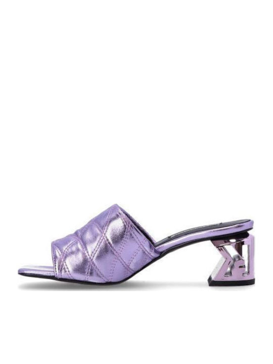 Δερμάτινα Mules με Χοντρό Χαμηλό Τακούνι Metallic Lila Textured