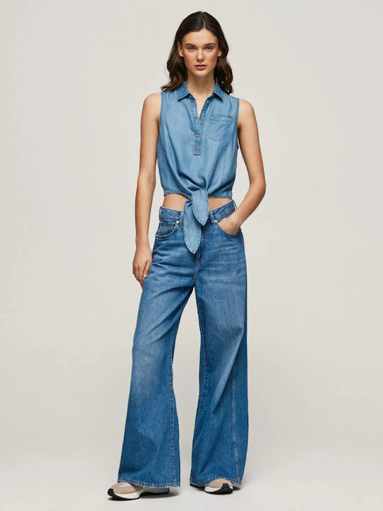 Winova Women's Denim Monochrome Sleeveless Shirt Blue