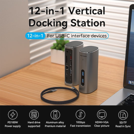 Vention USB-C Docking Station με HDMI 4K PD Ethernet και συνδεση 2 Οθονών Γκρι (TPJH0-EU)