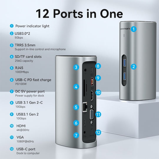 Vention USB-C Docking Station με HDMI 4K PD Ethernet και συνδεση 2 Οθονών Γκρι (TPJH0-EU)