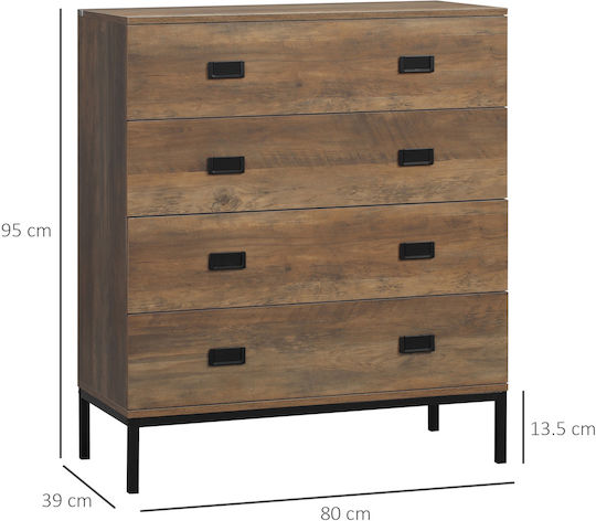 Wooden Bedroom Chest of Drawers With 4 Brown Drawers 80x39x95cm