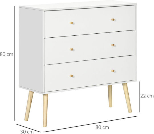HomCom Bedroom Chest of Drawers Wooden with 3 Drawers White 80x30x80cm