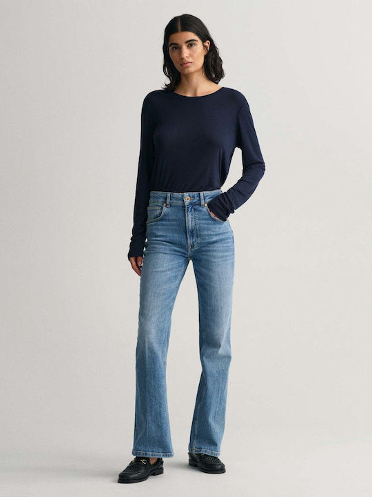 High Waist Women's Jean Trousers Flared Semi Light Indigo Worn In