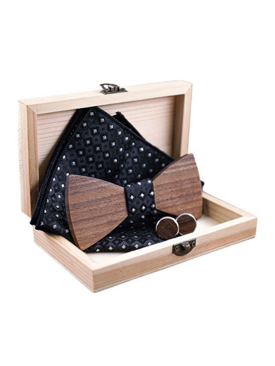 Daponte Wooden Handmade Bow Tie Set with Cufflinks and Pochette Black