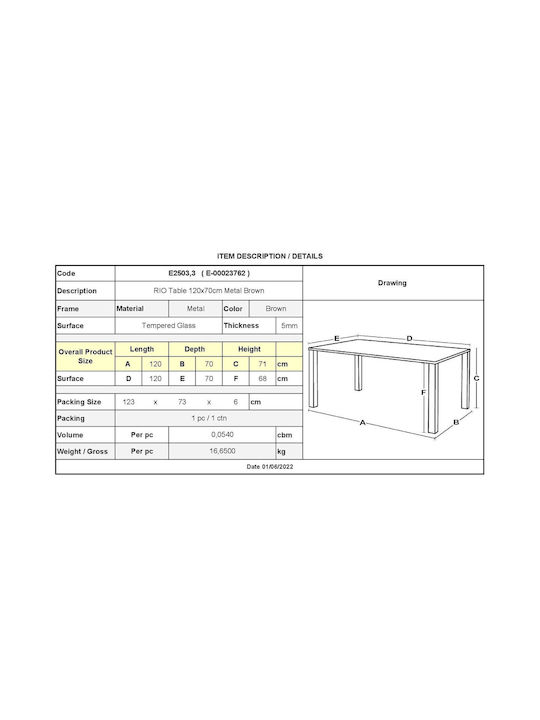 Rio Outdoor Dinner Free Standing Table with Glass Surface and Metal Frame Brown 120x70x71cm