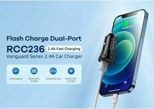 Remax Vanguard Series RCC-236 Зарядно за кола 12W 2.4Спецификация с Портове: 2xUSB заедно с Кабел Micro-USB / Type-C Черен Цвят