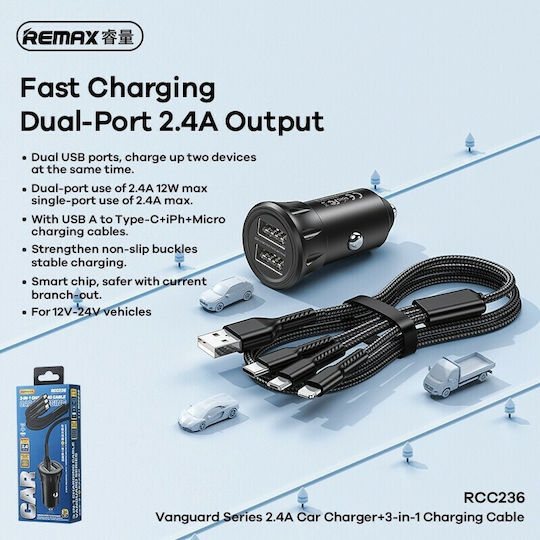 Remax Vanguard Series RCC-236 Зарядно за кола 12W 2.4Спецификация с Портове: 2xUSB заедно с Кабел Micro-USB / Type-C Черен Цвят