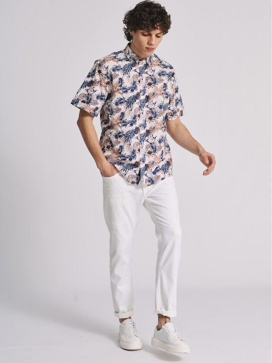 Short Sleeve Cotton Shirt Floral Beige