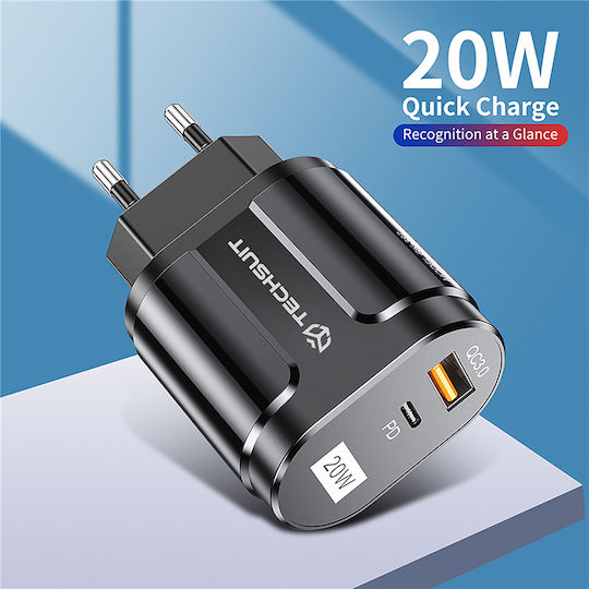 Techsuit Charger Without Cable with USB-A Port and USB-C Port 20W Quick Charge 3.0 Blacks (CHPD038)