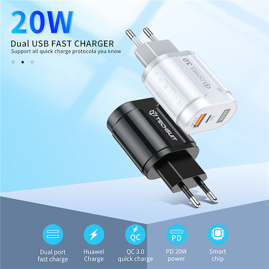 Techsuit Charger Without Cable with USB-A Port and USB-C Port 20W Quick Charge 3.0 Blacks (CHPD038)