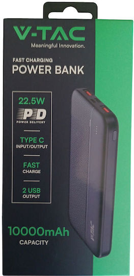 V-TAC Power Bank 10000mAh με Θύρα USB-A και Θύρα USB-C Μαύρο