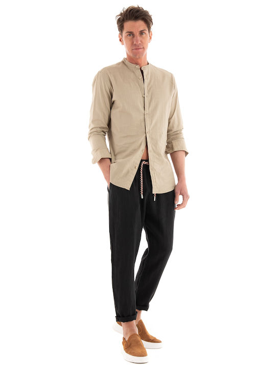 Long Sleeve Linen Shirt in Narrow Fit Light Beige