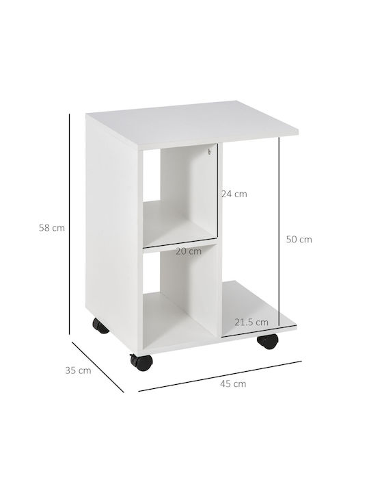 Masă Laterală Rectangulară Din Lemn Cu Roți Albă L58xL35xÎ45cm