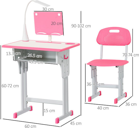 Birou Pentru Copii Din Melamină Roz 60x45x90-102cm