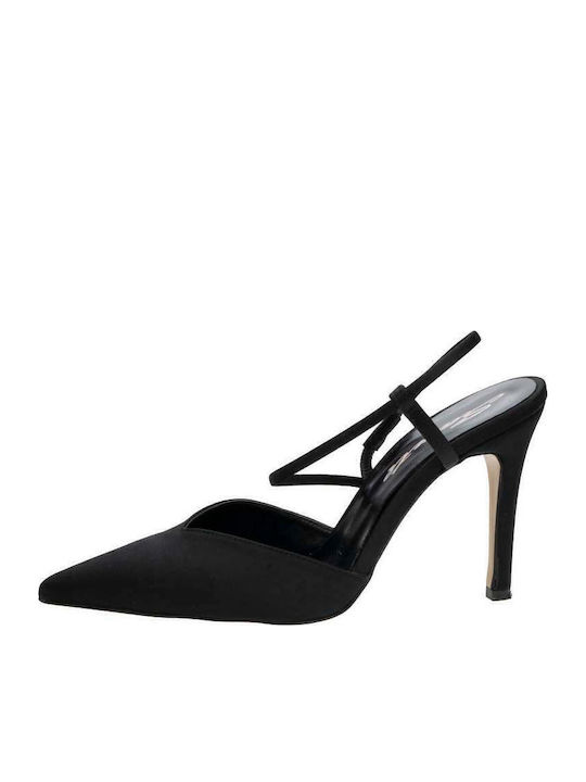 Pointed Toe Stiletto Black High Heels with Strap