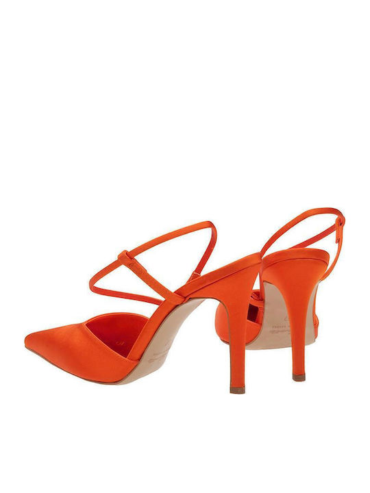 Leather Pointed Toe Stiletto Orange High Heels with Strap