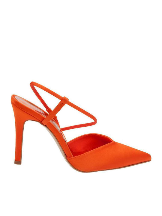 Leather Pointed Toe Stiletto Orange High Heels with Strap