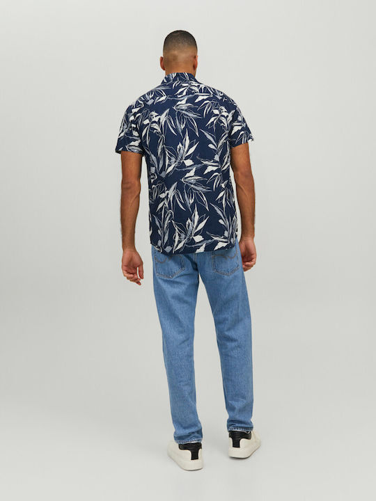 Short-sleeved Cotton Shirt Floral Navy Blue
