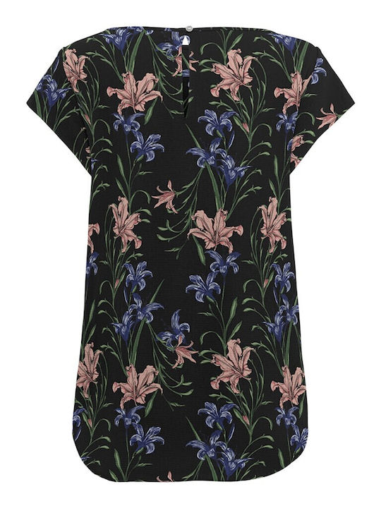 Only Damen Sommerliche Bluse Kurzärmelig Blumen Schwarz