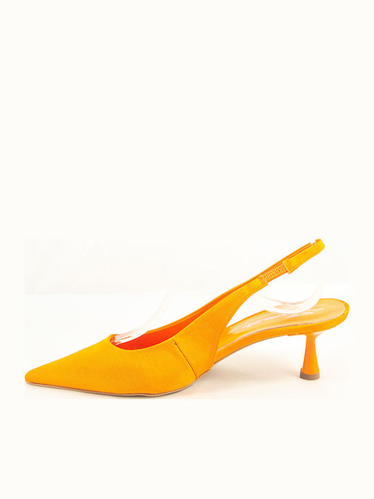 Leather Pointed Toe Orange Medium Heels with Strap