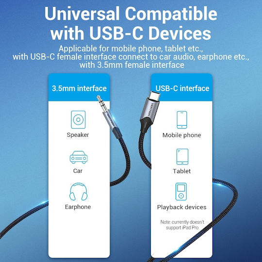 Vention Braided USB 2.0 Cable USB-C Male 3.5mm Gray 1m BGKHF