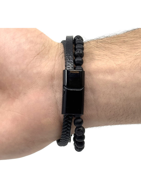Legend Accessories Βραχιόλι από Δέρμα με Πέτρες Λάβας 21cm