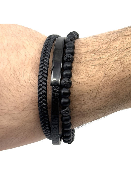 Legend Accessories Βραχιόλι από Δέρμα με Πέτρες Λάβας 21cm