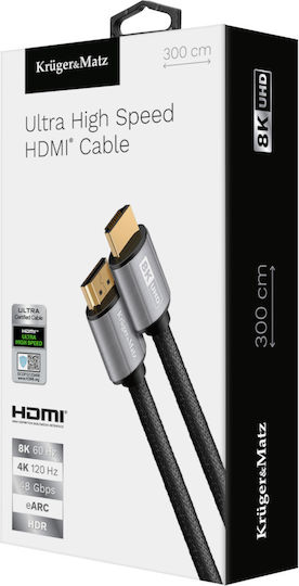Kruger & Matz HDMI 2.1 Ultra High Speed 48Gbps 4K 120Hz HDR VRR Braided Cable HDMI male - HDMI male 3m Μαύρο