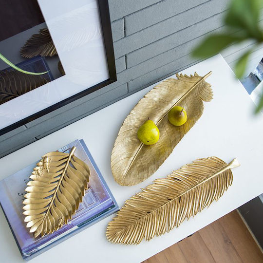 Artekko Polyresin Decorative Platter Leaf Golden 28.5x17x2.5cm