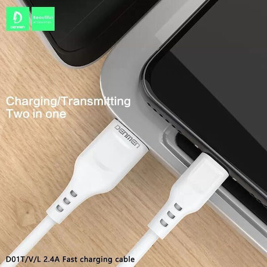 Denmen D01T Regular USB 2.0 to micro USB Cable Λευκό 1m
