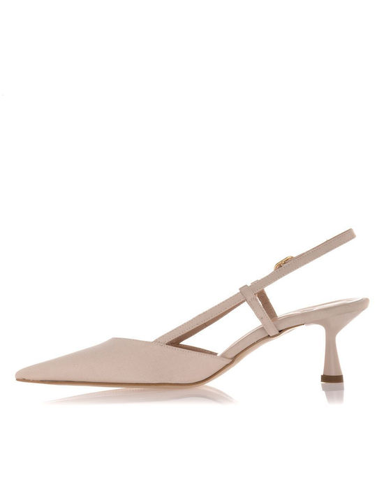 Sante Leather Pointed Toe Beige Medium Heels with Strap