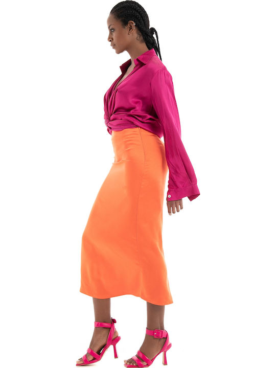 Сатен С висока талия Midi Пола Orange Red
