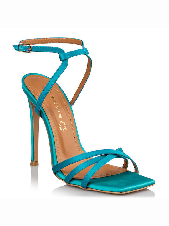 Envie Shoes Leather Women's Sandals Turquoise with Thin High Heel