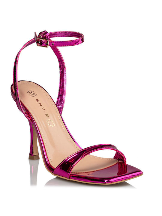 Envie Shoes Leather Women's Sandals Pink with Chunky High Heel