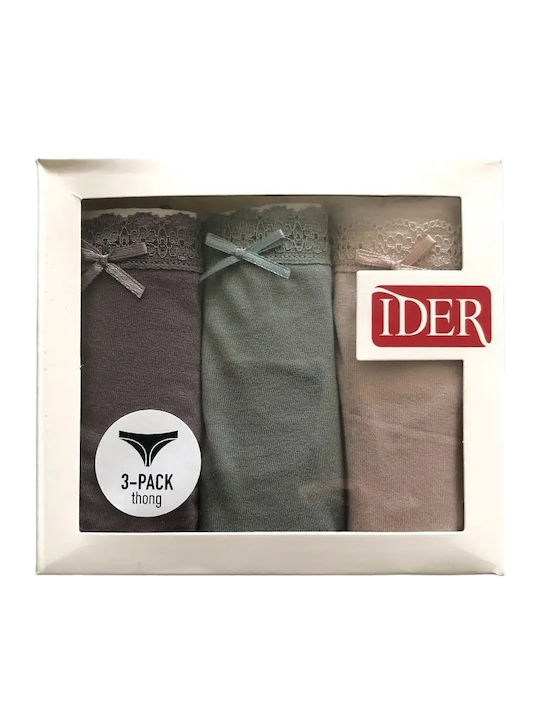Βαμβακερά Дамско Слип 3Pack с дантела Graphite/Beige/Mint