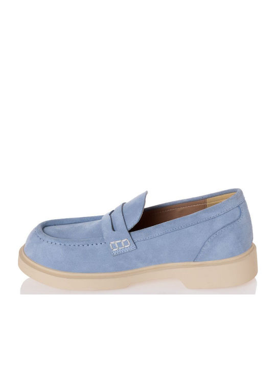 Leather Women's Loafers in Light Blue Color