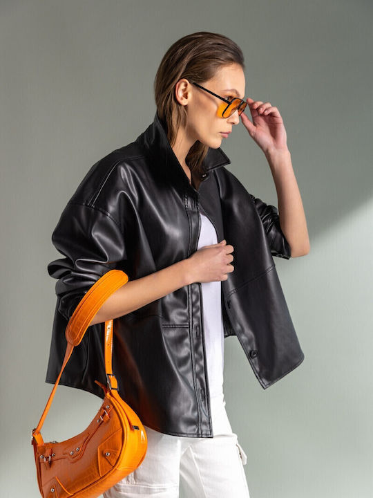 -6 Women's Short Biker Artificial Leather Jacket for Winter Black