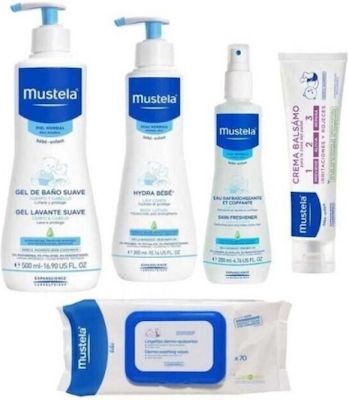 Mustela Pink Gentle Bath Gel 500ml & & Balm Cream 1 2 3 50ml & Alcohol-free Eau de Toilette 200ml & Hydra Baby Body Milk 300ml & Cleansing wipes 70pcs 6τμχ