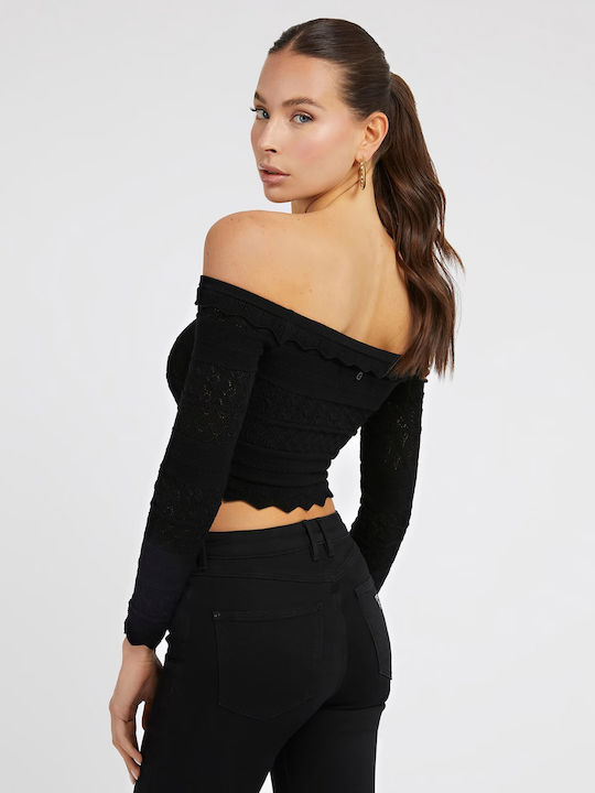 Guess Women's Crop Top Off-Shoulder Long Sleeve Black