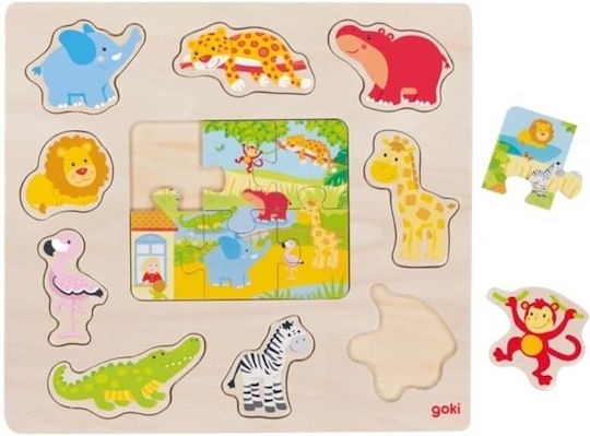 Ξύλινο Παιδικό Puzzle Σφηνώματα Τα Ζώα της Ζούγκλας για 2+ Ετών 15pcs Goki