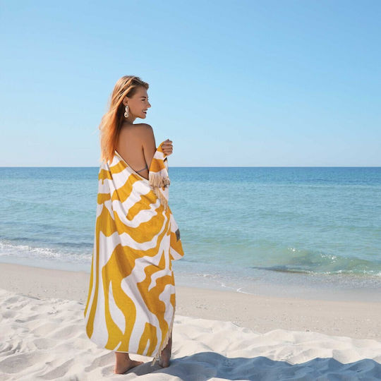 Greenwich Polo Club Beach Towel Cotton White, Ochra with Fringes 180x90cm.
