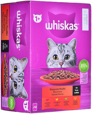 Whiskas Classic Meals in Sauce Nasses Katzenfutter für Katze in Beutel mit Rindfleisch 12x85gr 301340