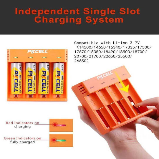 Pkcell PK-8241 USB Charger 4 Batteries Li-ion Size 18650/16340/26650/14500