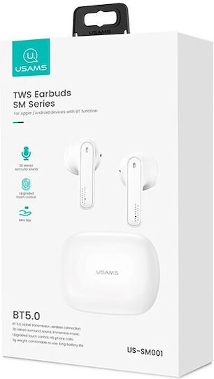 Usams BHUSM01 Earbud Bluetooth Handsfree Ακουστικά με Θήκη Φόρτισης White